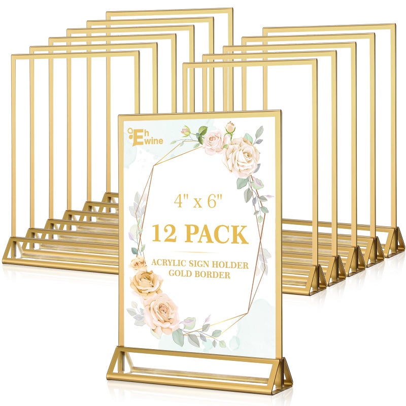 EHWINE 12 Pack Acrylic Sign Holder 4 x 6, Double Sided Gold Picture Frame Stand up Table Top Sign Holders, Clear Display Stand Menu Flyer Holder for Wedding Party - Image 1